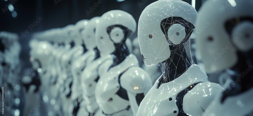 Poster futuristic humanoid robots lined up in a high-tech facility showcasing advanced artificial intellige