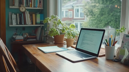 Cozy home office with wooden desk, laptop, plants, and stationery
