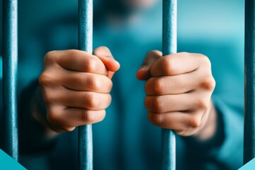 A close-up of a prisoner hands gripping the cold iron bars of a cell door