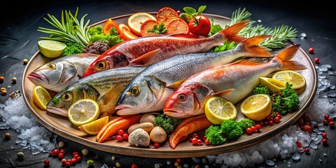 Ocean bounty awaits!  A delicious seafood feast featuring fresh catches, expertly arranged for your enjoyment.