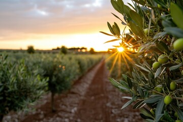 A stunning sunset illuminates an olive grove, highlighting green olives against a backdrop of lush trees and a picturesque winding path in a tranquil setting.