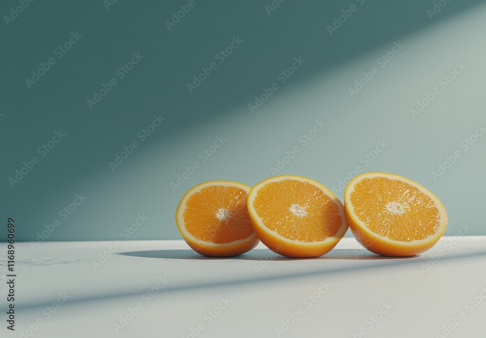 Aufkleber freshly cut oranges displayed on a light surface with soft shadows and subtle background highlightin