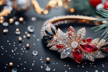 Fototapeta premium A close-up of an intricate silver bracelet adorned with tiny gemstones, displayed on a sleek black background