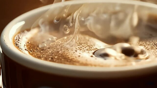 Steam rises gently hot cup instant coffee bubbles breaking surface surrounded granules video of atmosphere