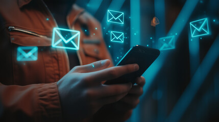Man using smartphone with floating email icons in futuristic digital concept, messages