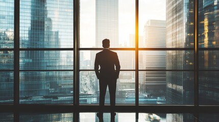 Fototapeta premium Man contemplating cityscape through window, urban reflection and architectural perspective