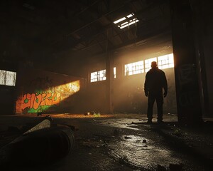 Silhouette of a man standing in a dark, abandoned warehouse with graffiti and sunlight streaming through the windows. Atmospheric and moody.