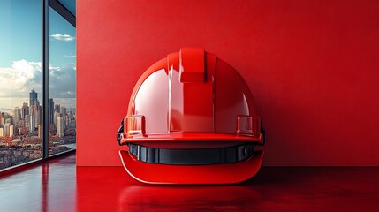 Red Hard Hat Against Cityscape: Construction, Safety, and Urban Development