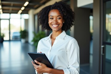 Confident Businesswoman Holding Tablet in Modern Office Setting, Perfect for Business Marketing or Professional Branding