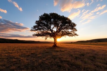 Fototapeta premium A striking silhouette of a vibrant tree at sunset, showcasing nature’s grandeur and evoking a sense of nostalgia and peace, perfect for reflective moments.