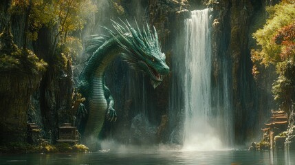 Majestic Green Dragon by Waterfall in Mystical Forest
