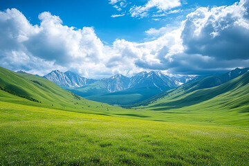 Fototapeta premium Endless green meadows overlooking vast mountain ranges under rolling clouds