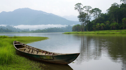 Obraz premium Boat on the lake. Riverbank landscape image.