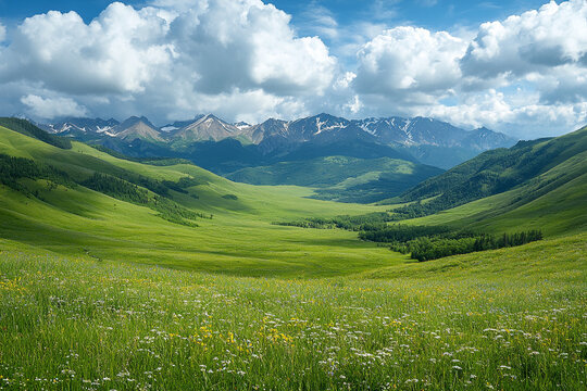 Endless green meadows overlooking vast mountain ranges under rolling clouds