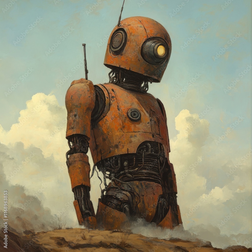 Poster humanoid robot standing in a post-apocalyptic landscape with funky design and rusty finish, evocativ