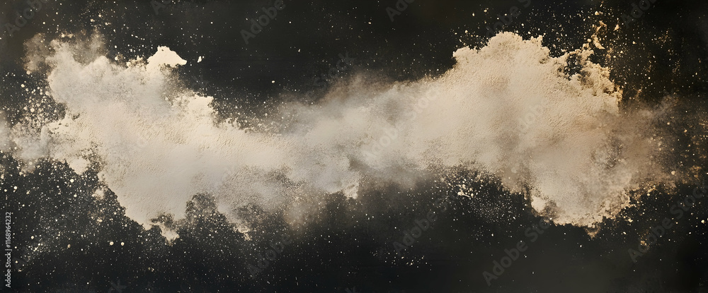 Poster in the center of an empty black background, sand particles float in space and form two dust clouds t