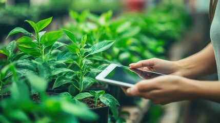 Woman Using Tablet to Monitor Plant Growth in Greenhouse
