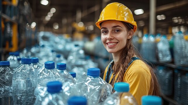 A smiling woman in a yellow hard hat stands among stacks of plastic bottles in a recycling facility, promoting environmental sustainability and responsible waste management.