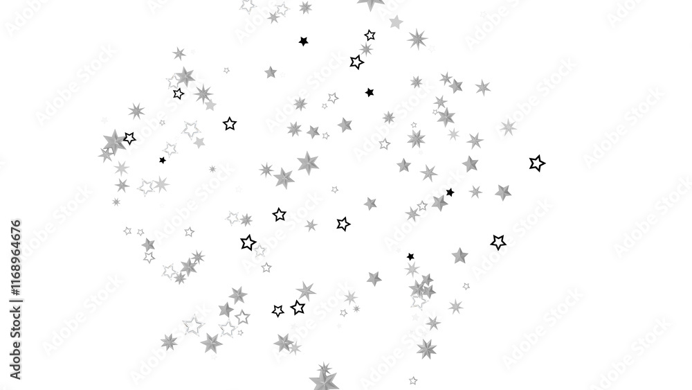 Poster a black background with a scattering of silver stars. the stars are of varying sizes and shapes, cre