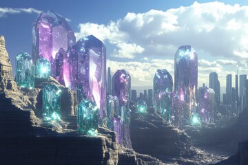 Giant Crystal Structures Rise Above a Futuristic Cityscape
