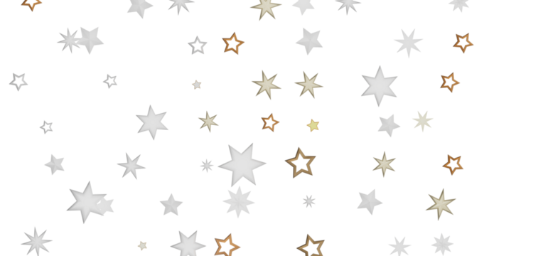 A simple yet elegant design of scattered white and gold stars on a black background.