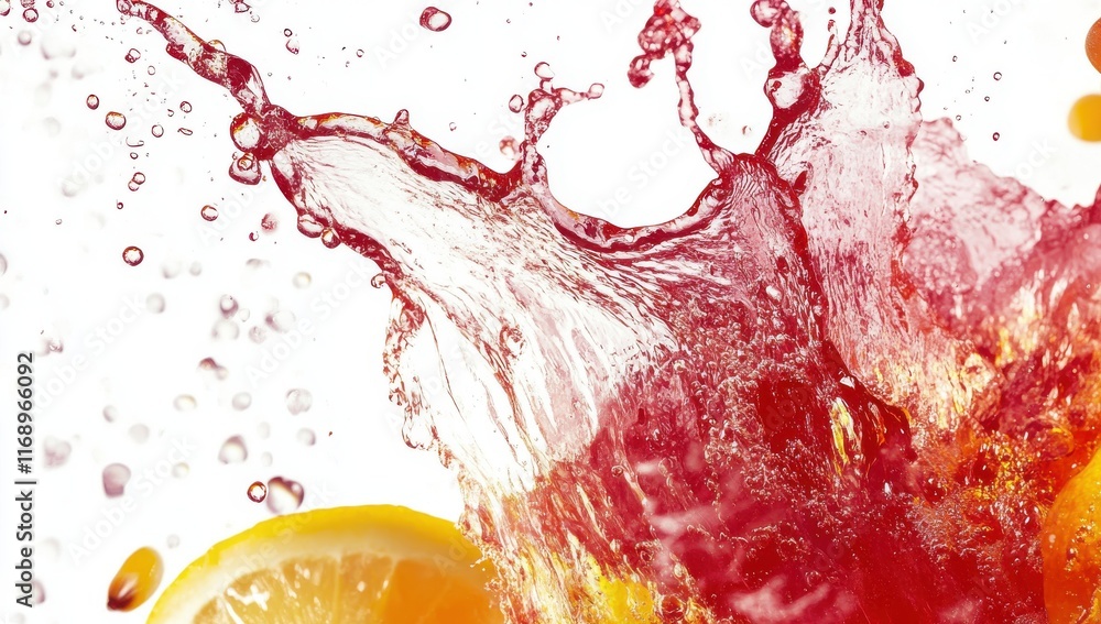 Poster Refreshing Splash of Fruit Juice with Vibrant Citrus Slice, Capturing Dynamic Motion and Juicy Texture in a Clean, Bright Background