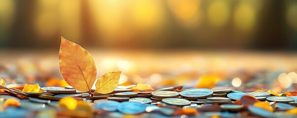 Autumn leaves resting on scattered coins in golden light