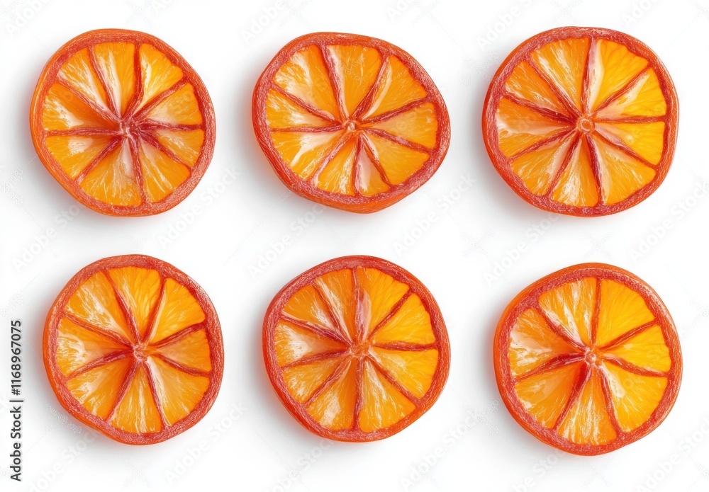 Poster sliced dried orange circles arranged symmetrically with bright colors and texturized surface on a wh