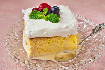 メキシコのスイーツ パステル・デ・トレス・レチェス (3種のミルクのケーキ) コピースペースあり Mexican sweets Pastel de Tres Leches( Mexican Tres Leches Cake,Tres Leches Cake,Three Milk Cake, 3 Milk Cake) with copy space