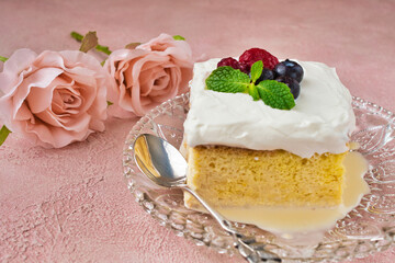 メキシコのスイーツ パステル・デ・トレス・レチェス (3種のミルクのケーキ) コピースペースあり Mexican sweets Pastel de Tres Leches( Mexican Tres Leches Cake,Tres Leches Cake,Three Milk Cake, 3 Milk Cake) with copy space