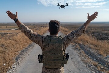 Naklejka premium A soldier interacts with a flying drone, optimizing technology for operations in an open area, surrounded by remnants of a recent conflict that symbolizes human struggle.