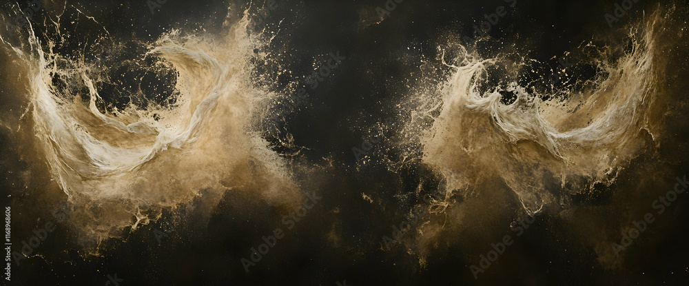 Poster in the center of an empty black background, sand particles float in space and form two dust clouds t