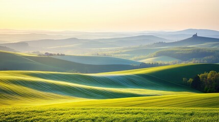 Obraz premium Serene rolling hills at sunrise in a lush landscape