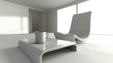 Modern lounge area with a chair, table, and a coffee mug.