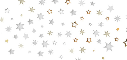 A digital abstract illustration of various sized stars in shades of gold and silver on a black background.