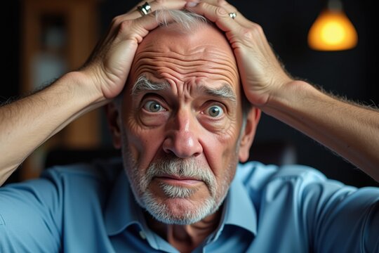 Confused elderly man with hands on head, ideal for mental health awareness campaigns, advertising, and emotional appeal projects. - Powered by Adobe