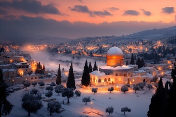 A magical view of Jerusalem with glowing celestial lights, enchanted olive trees, and mythical creatures roaming the ancient city