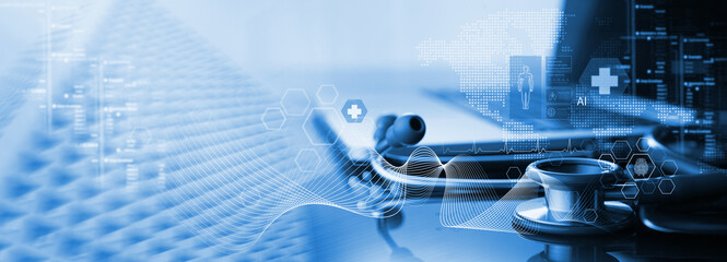 Medical technology, online health, global health network, medical online concept. Stethoscope and laptop computer with medical technology internet network connection, telemedicine technology