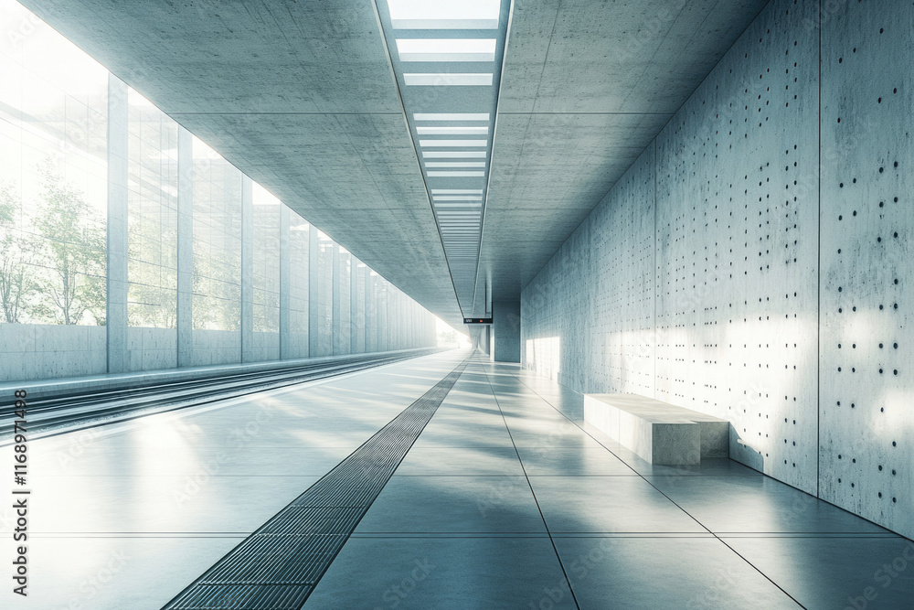 Poster modern minimalist train station platform with concrete architecture and natural light streaming thro