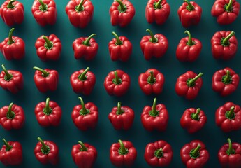 Vibrant Arrangement of Fresh Red Bell Peppers Displayed on a Colorful Background for Culinary and Organic Food Projects