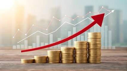Growth in finance with coins and upward trend line.