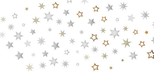 A pattern of scattered stars in white, gold and silver on a black background.