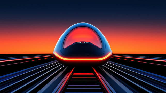 Futuristic transport capsule on sleek tracks at sunset