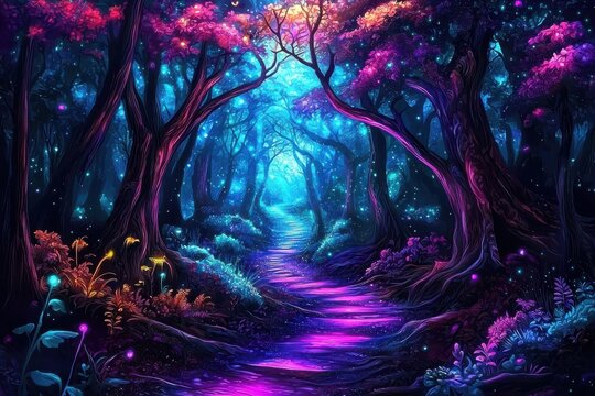 Enchanted forest bathed in purple and cyan hues.