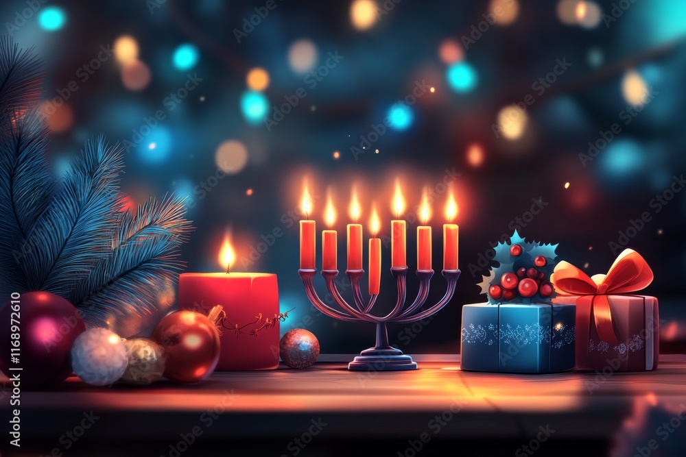 Poster a pixel art menorah with flickering animated candles, set on a table with festive decorations in a r