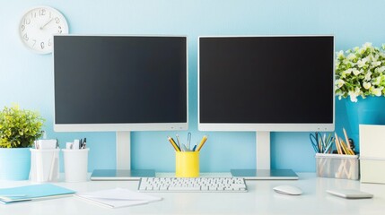 A modern workspace featuring dual monitors and office supplies.