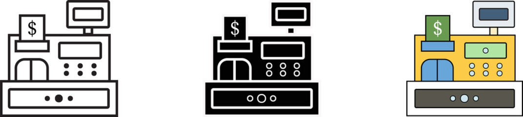 illustration cash register, Flat vector money POS terminal device, cash register icon png. outline and filled vector illustration