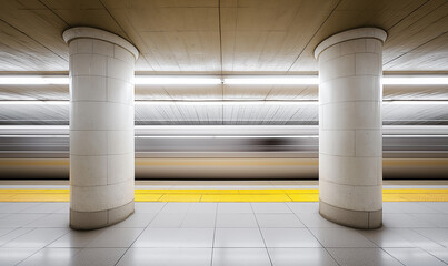 A photo of the subway passing through an empty new york city station, with two tall white columns in front and behind it, yellow lines on the floor