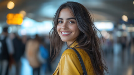 Hispanic woman in leather jacket smiling about to travel by airplane at airport