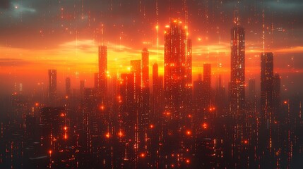 Obraz premium Cyberpunk Cityscape at Sunset: A Digital Metropolis